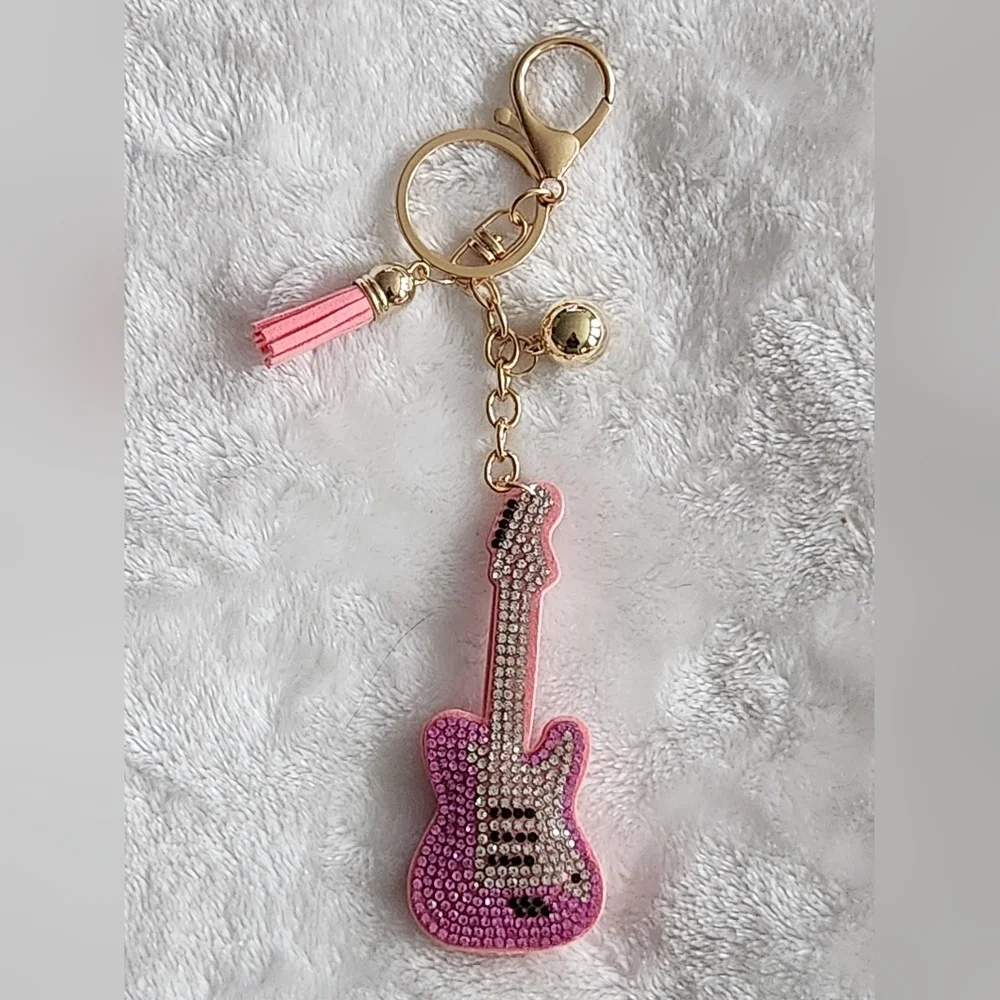 Pink and Gold Guitar Keychain Bag Charm